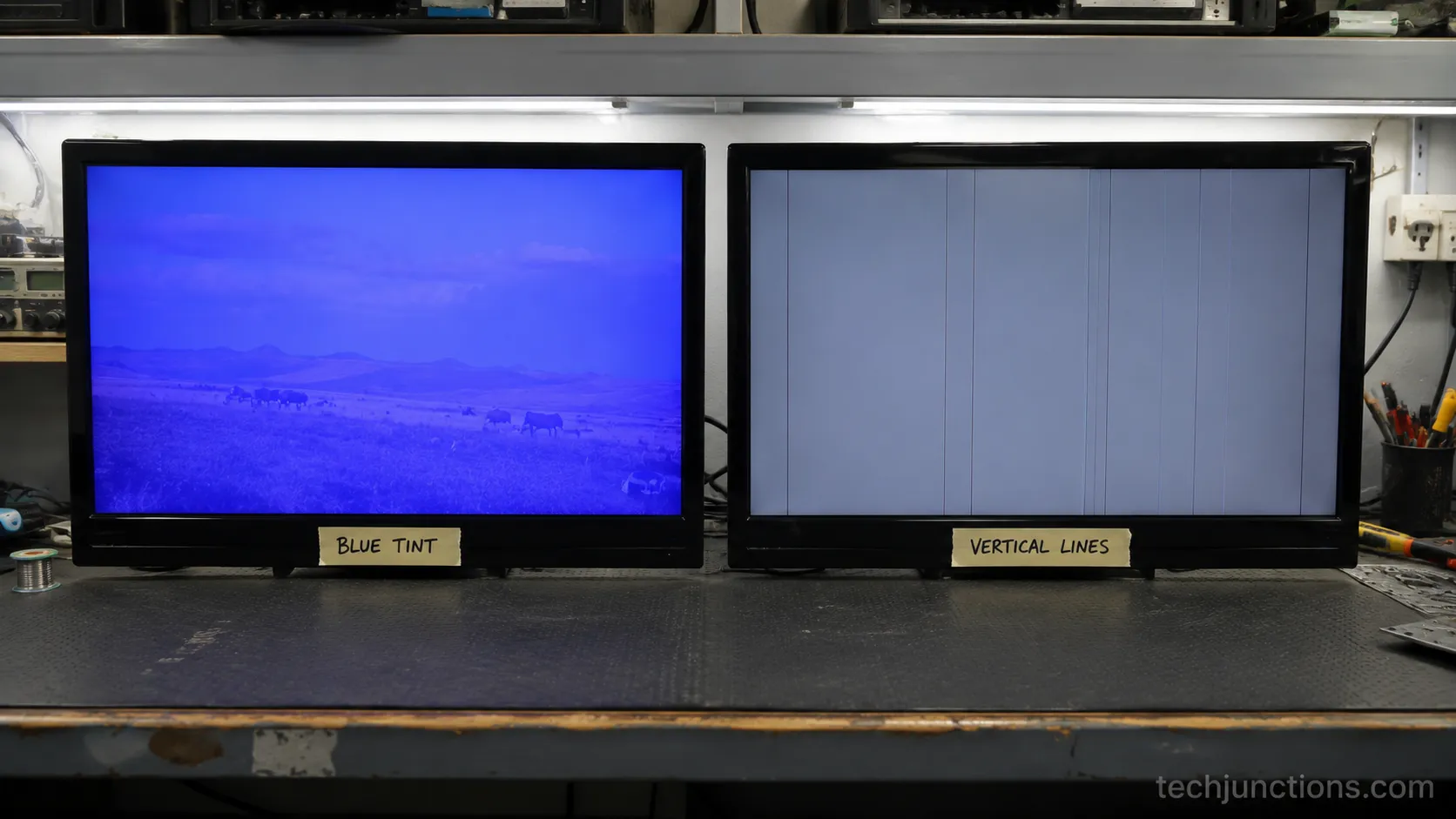 LED TVs on a bench showing blue tint and vertical line defects.
