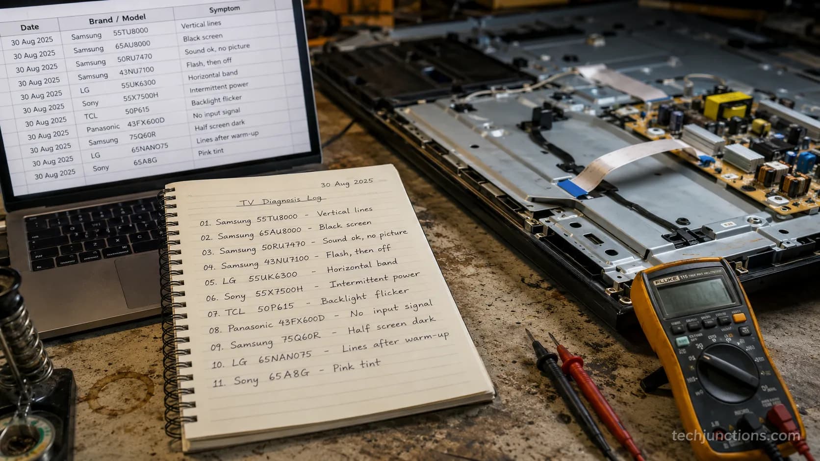 Dated repair-bench diagnosis log listing eleven tested TVs beside an opened television