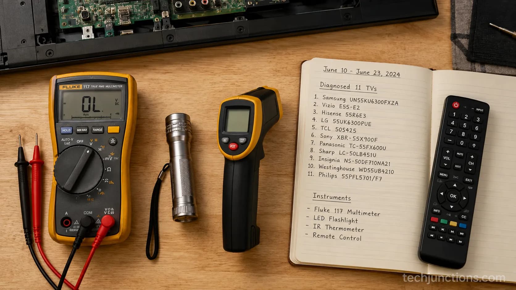 Flat-lay of a multimeter, flashlight, infrared thermometer, and dated diagnosis notebook