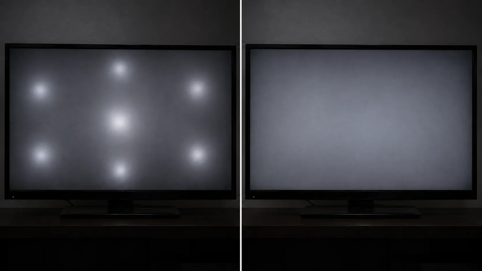 TV screen before and after regluing fallen diffuser lenses.