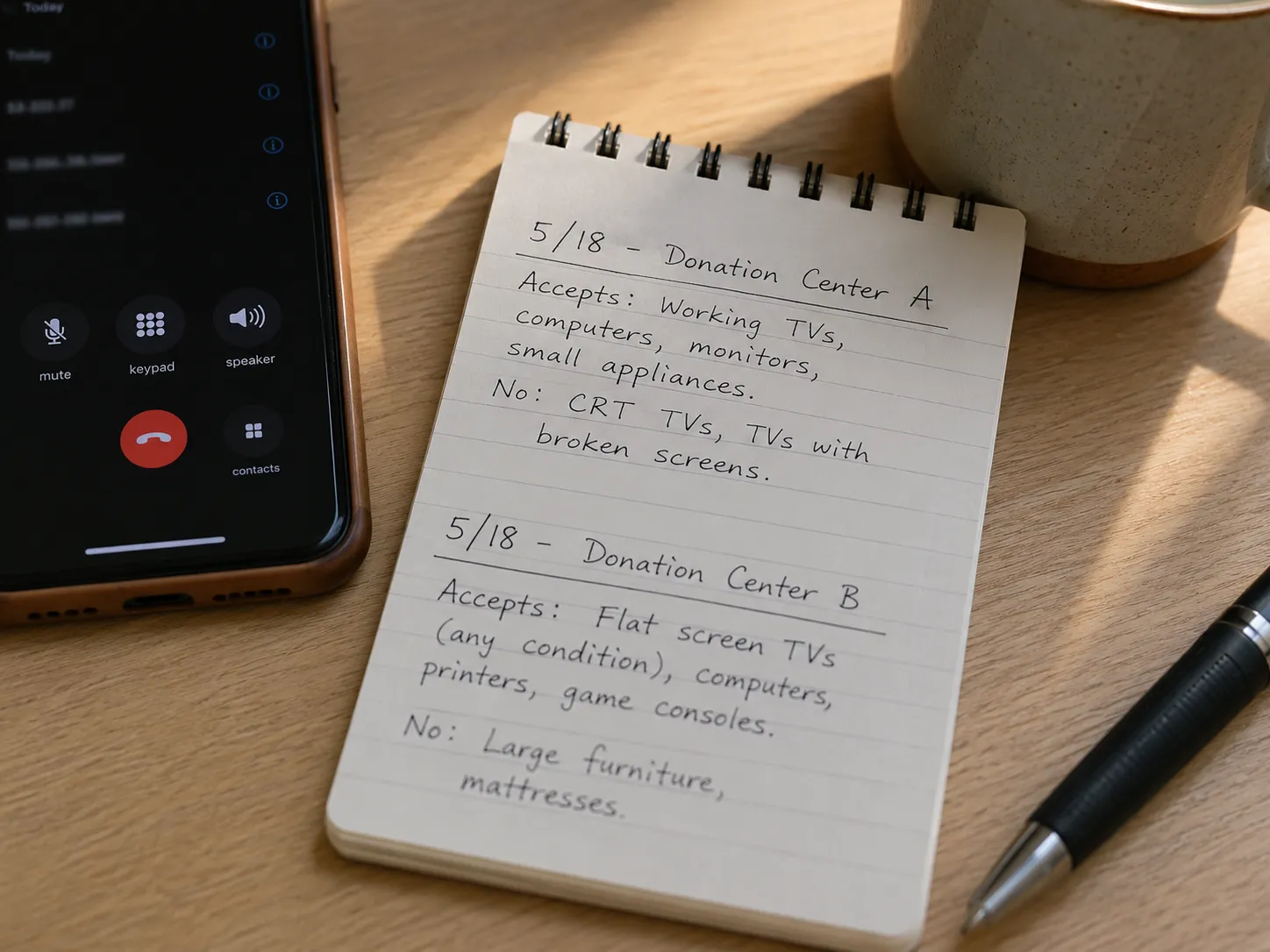 Handwritten notes from calls to two donation centers beside a phone, outlining which televisions each location accepts for donation before recycling or disposal.