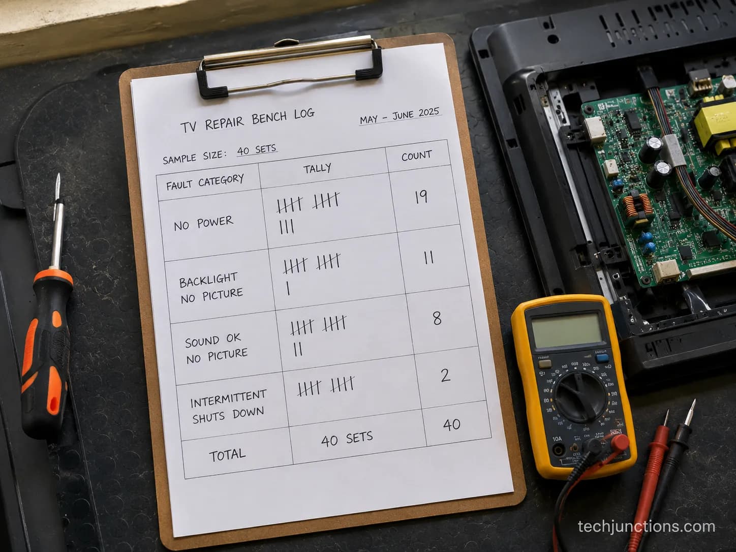repair bench log tallying common TV faults across a 40-set sample