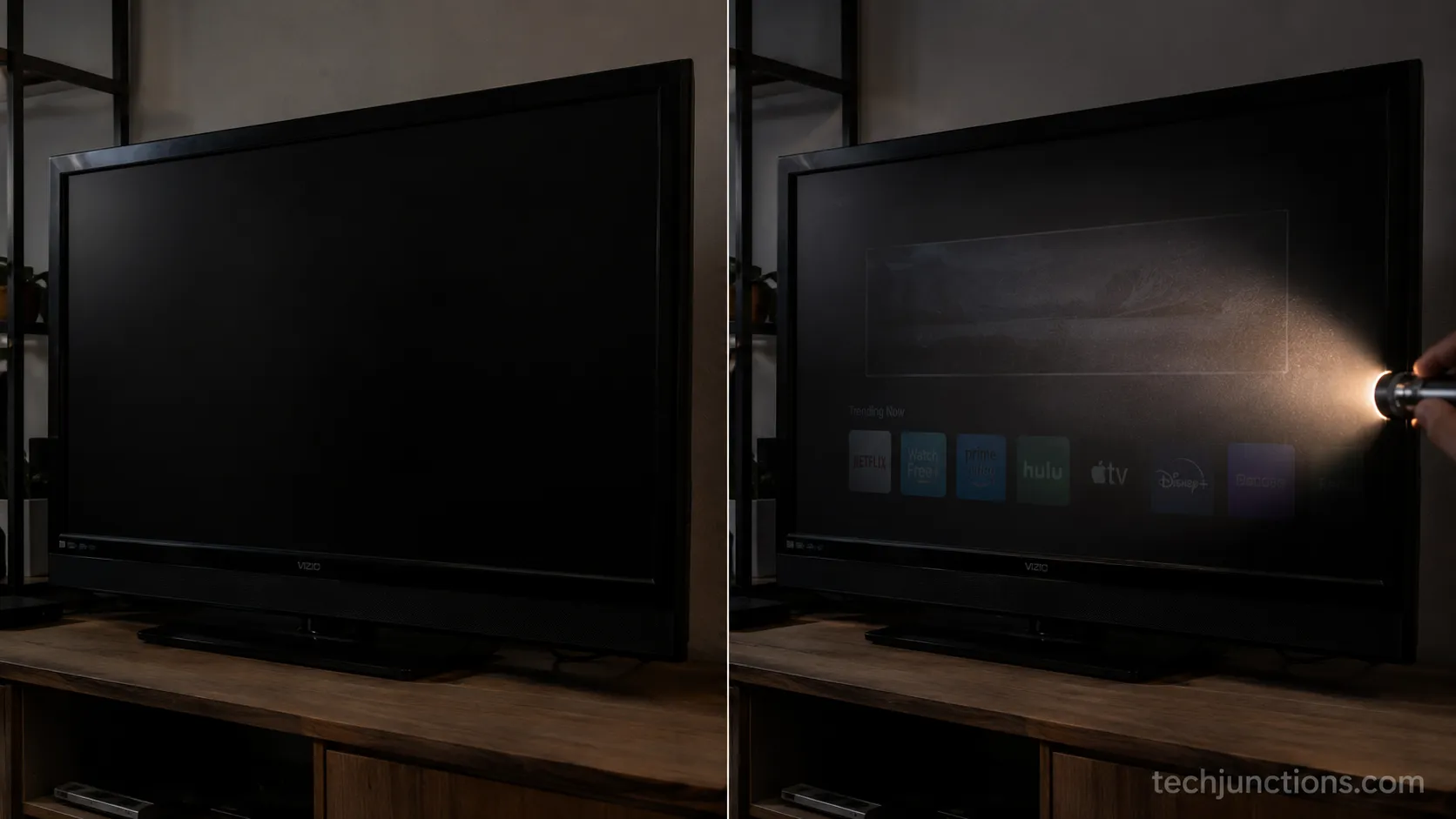 Side-by-side flashlight test showing a faint image on a dark TV screen