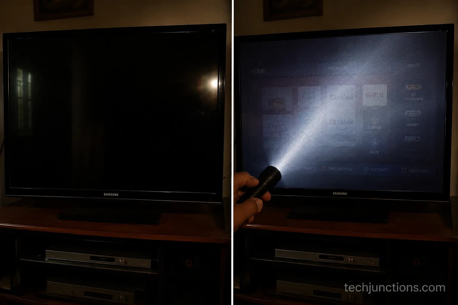 Flashlight test showing a faint image on a dark Samsung TV screen