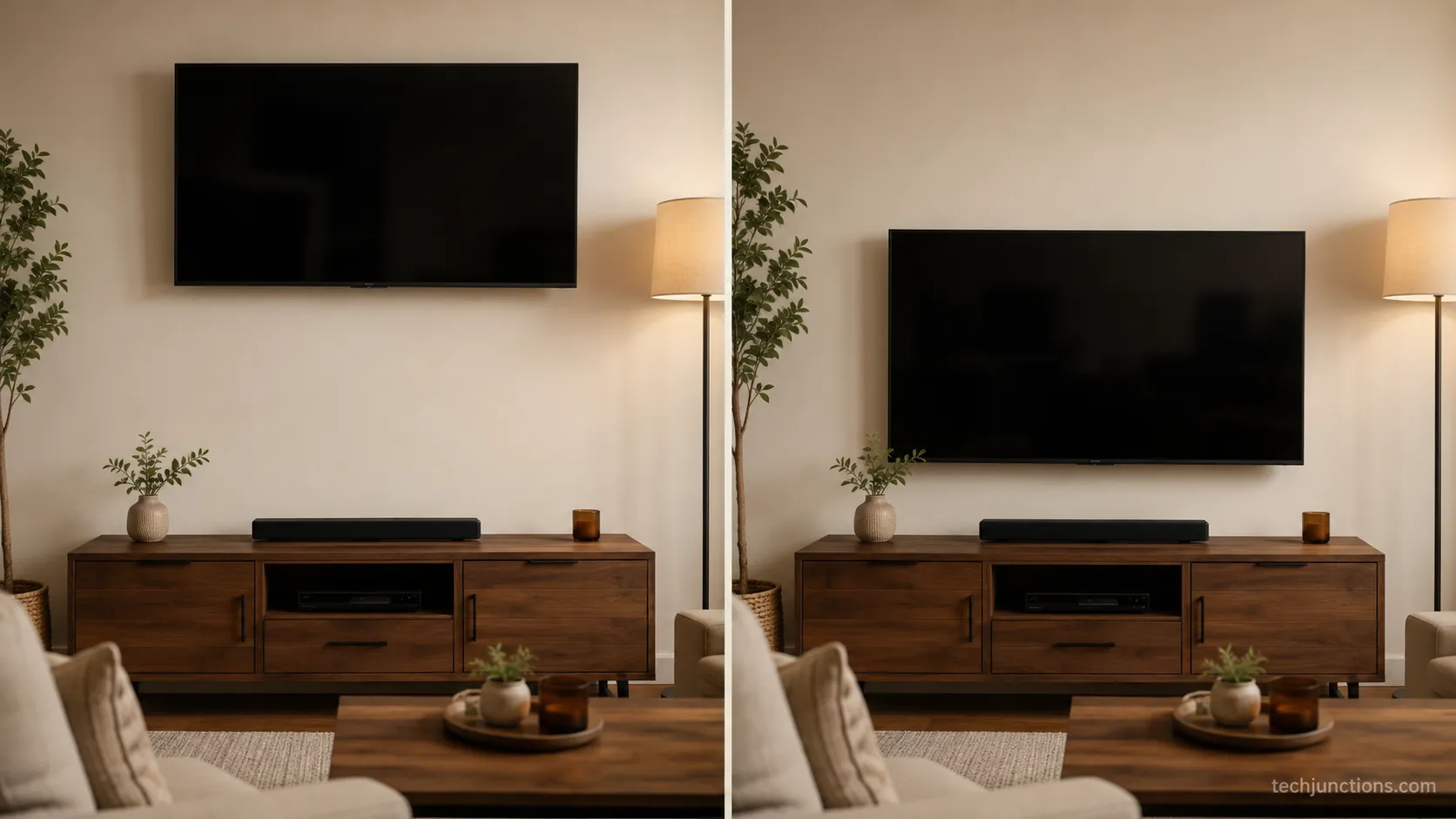 TV floating too far above a console shown before and after correction
