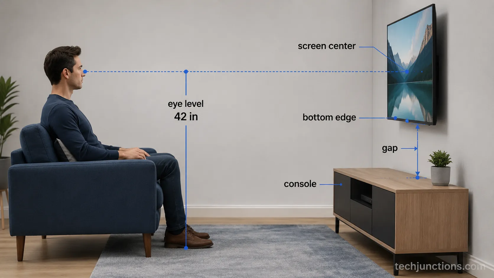diagram of the TV gap above a console at seated eye level