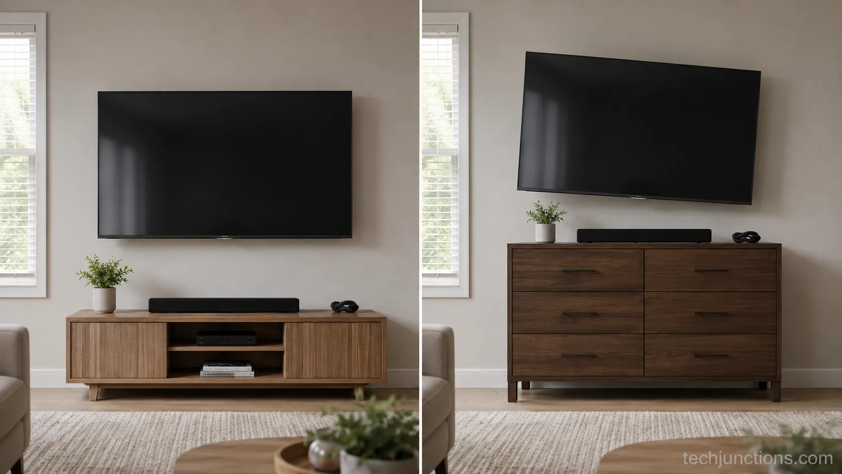 TV gap above a dresser versus a console with a downward tilt