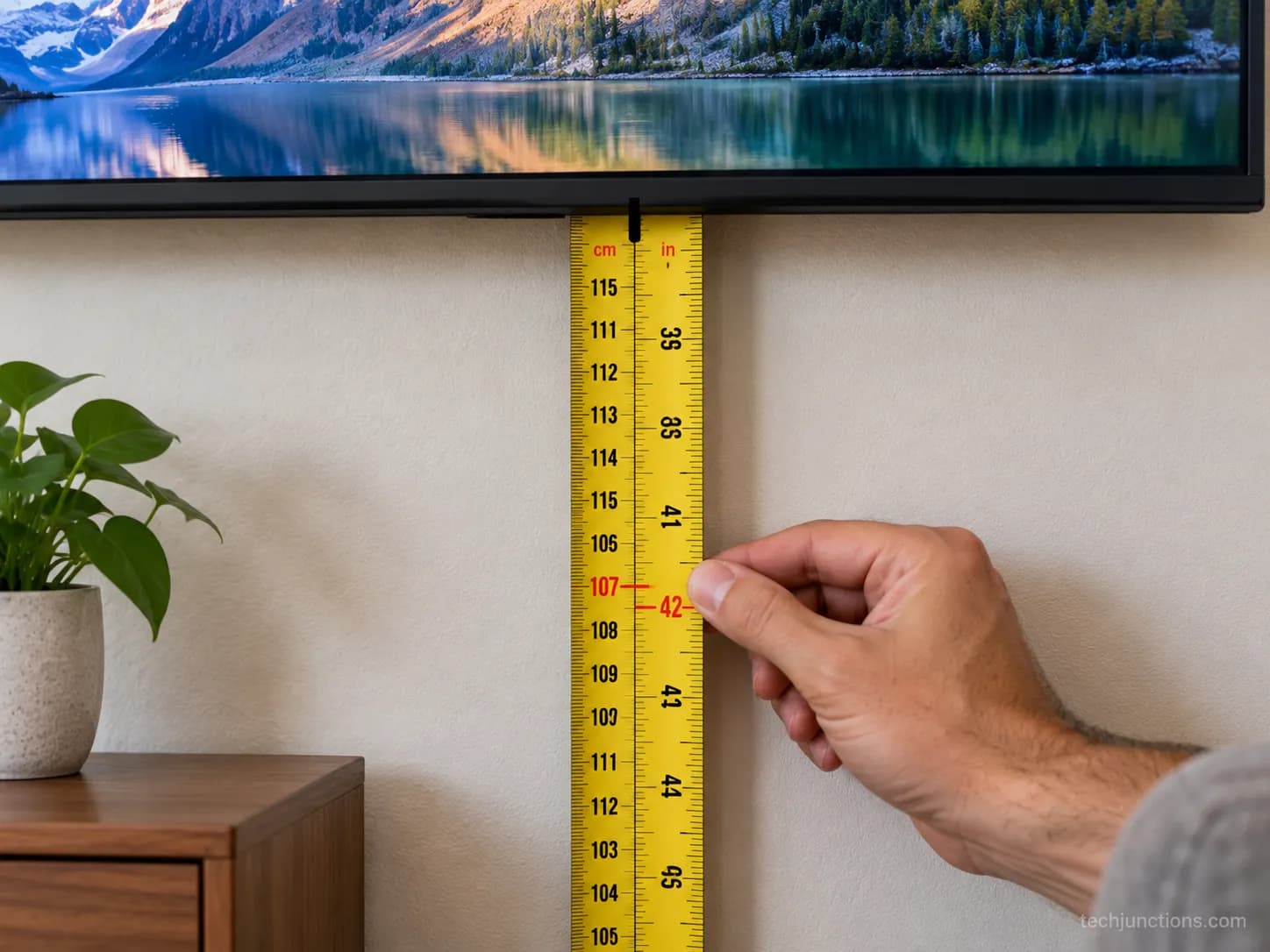 Dual-scale tape measure showing 107 cm and 42 inches at a TV center mark.