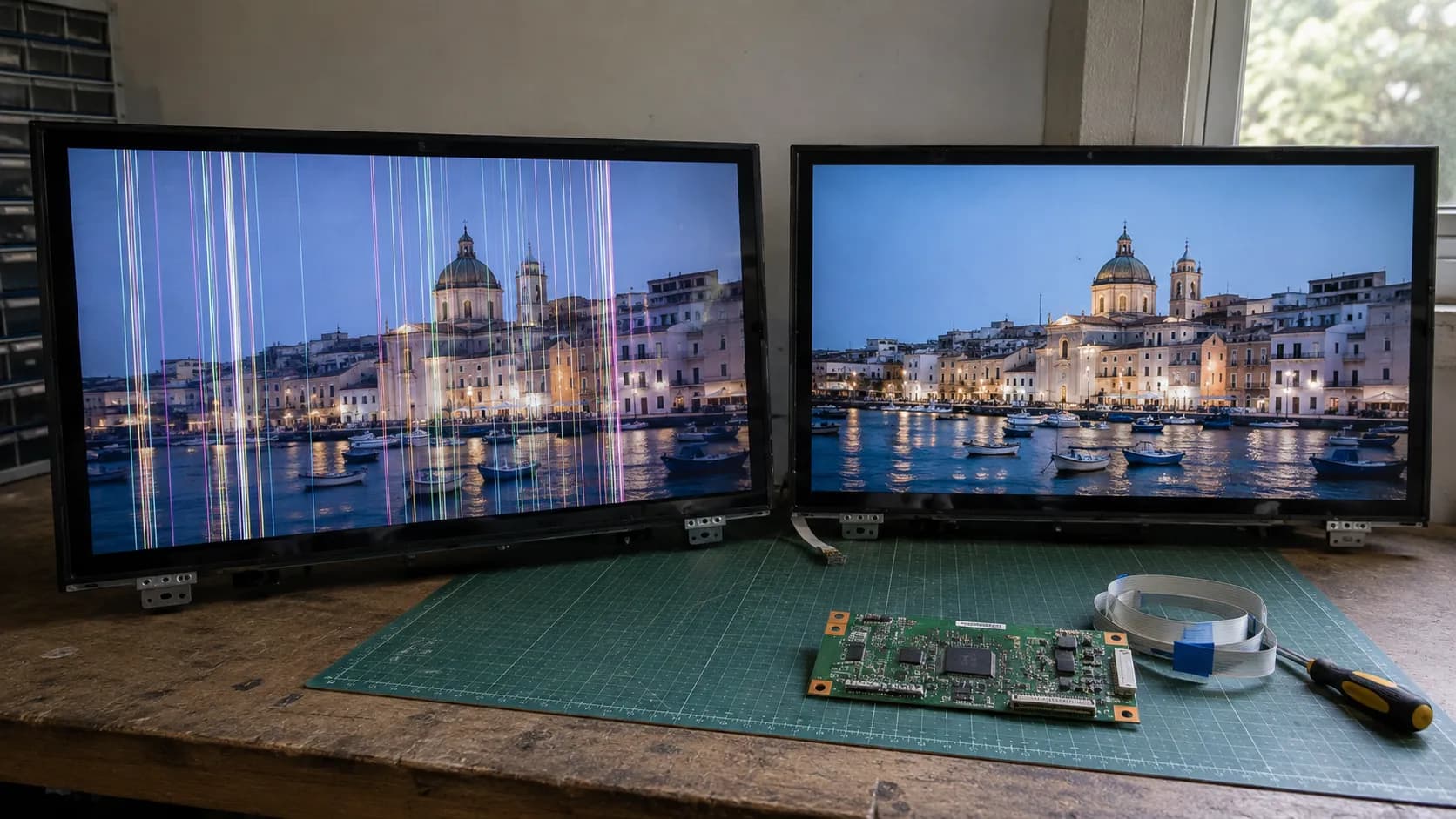 TV showing vertical lines before and after a T-Con board swap.