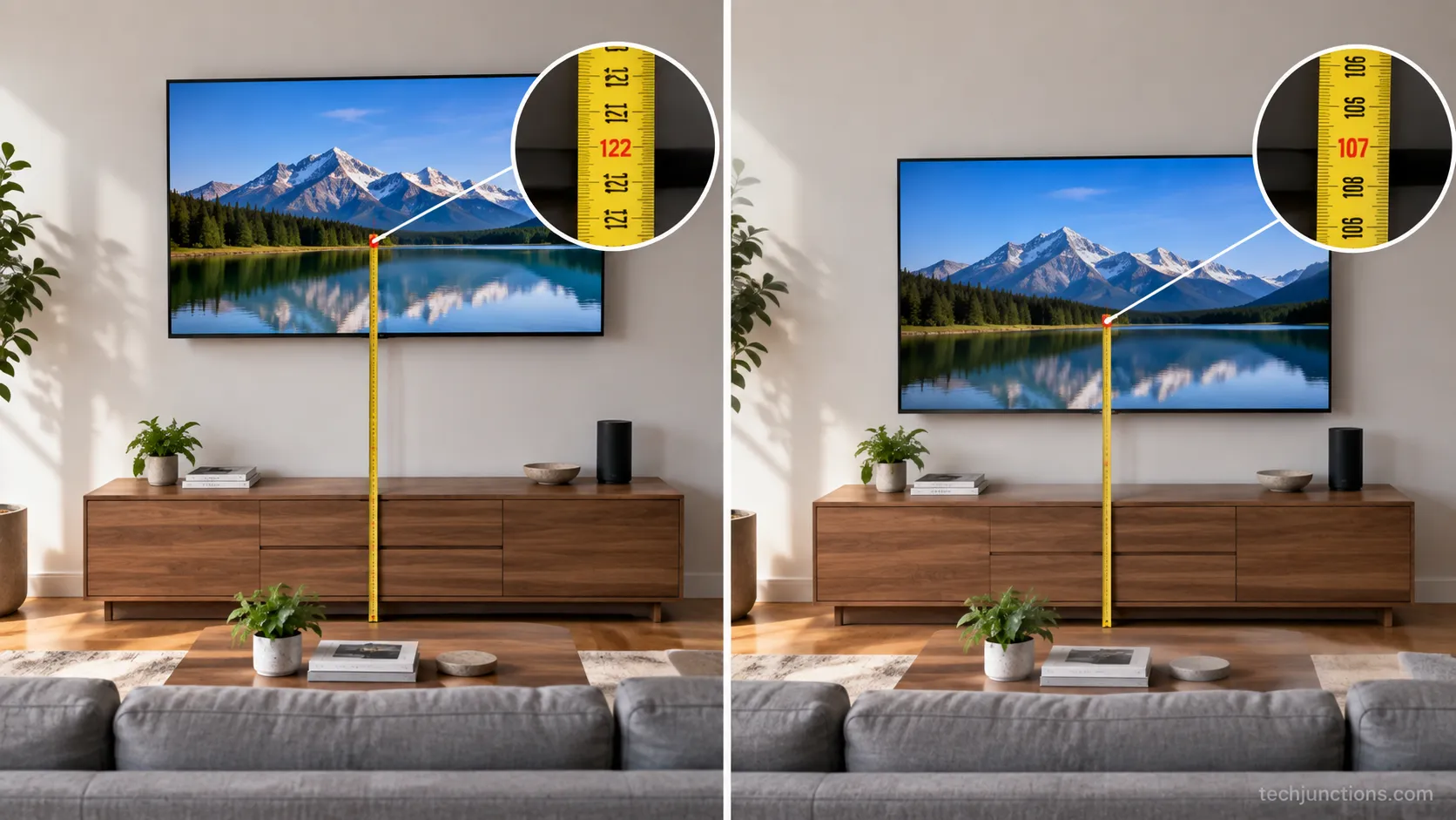 Before and after comparison of a TV center at 122 cm versus the correct 107 cm eye level.