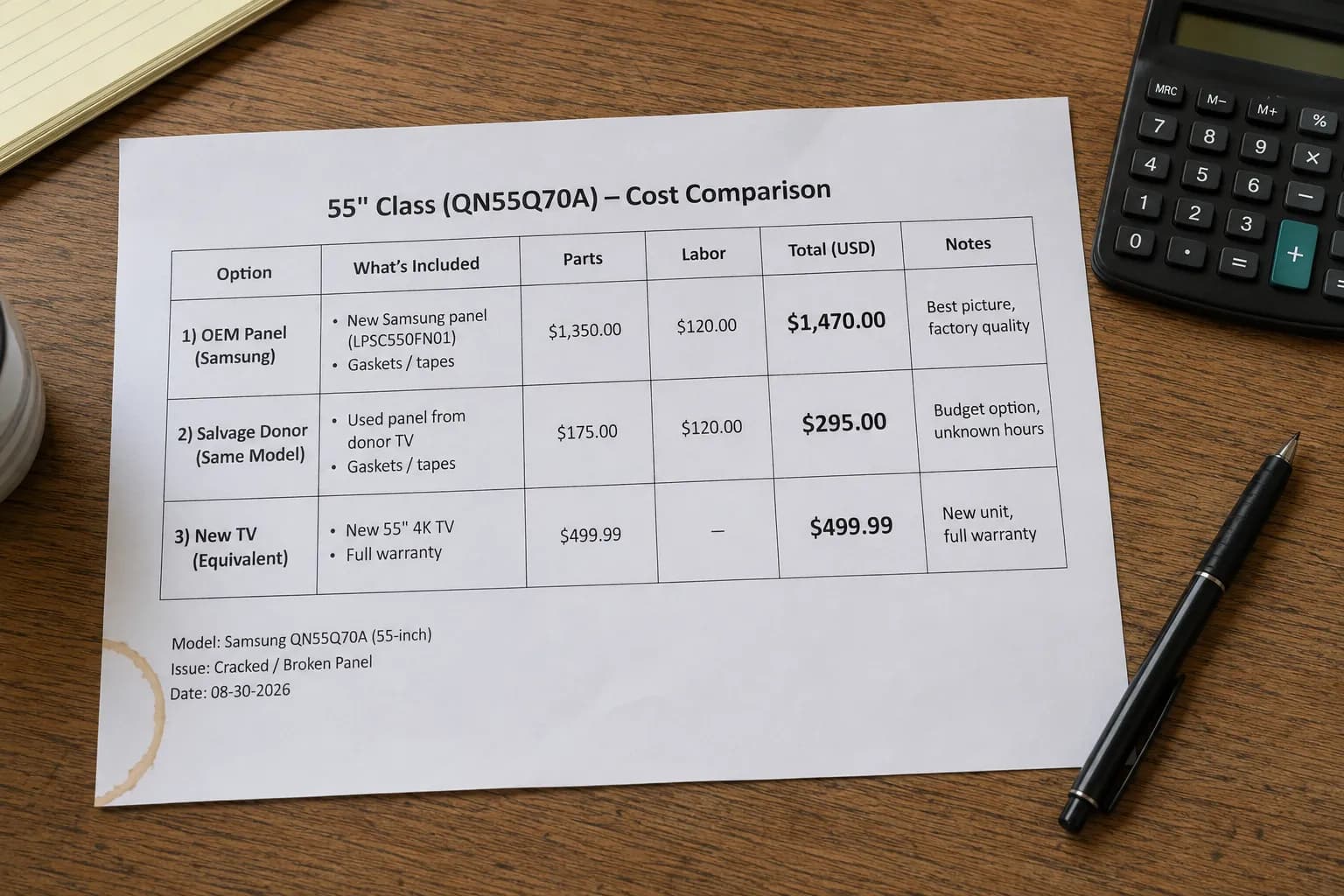 Cost comparison of an OEM panel, a salvage donor, and a new TV