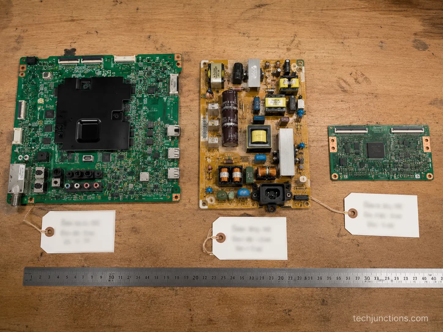Three salvaged TV circuit boards laid out and labeled for resale on a workbench.