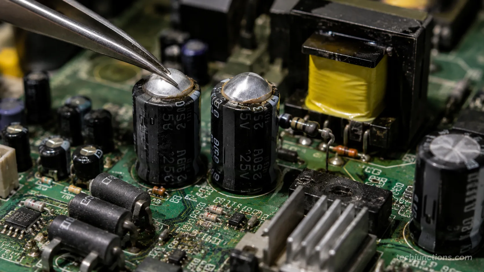 Two bulged capacitors on a TV power supply board pointed out with tweezers