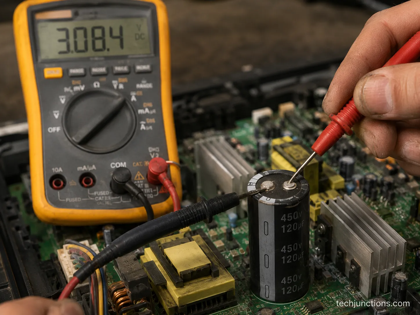 multimeter measuring voltage on a TV power board capacitor
