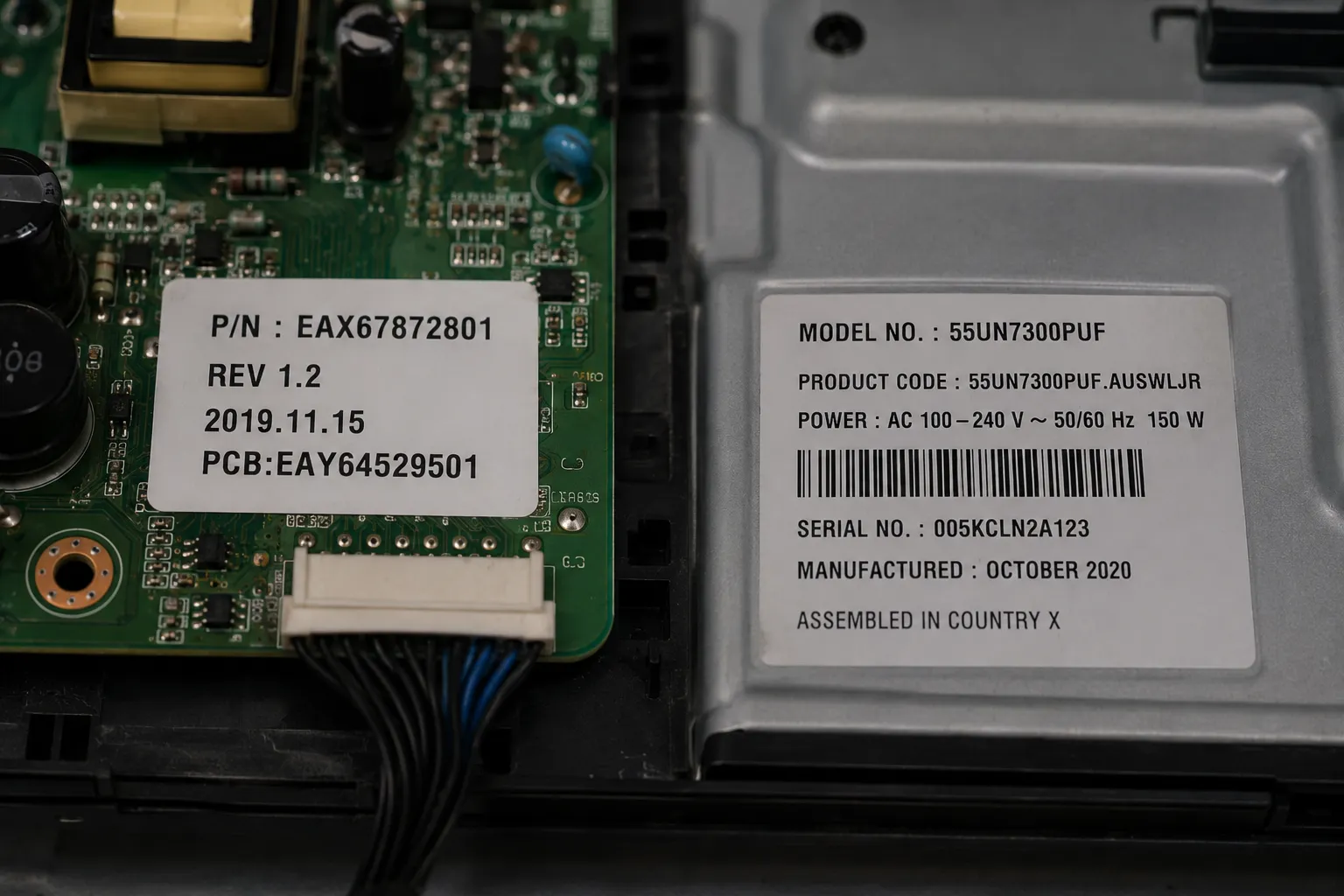 Close-up of a TV power board part-number sticker beside the TV model-number label, illustrating how to verify replacement board compatibility during TV repair.
