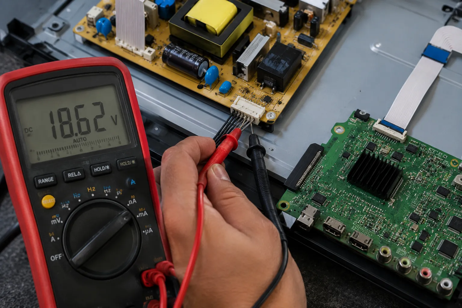 Digital multimeter probing the power board to main board connector inside an open flat-screen TV, displaying voltage during TV power supply diagnostics and repair.