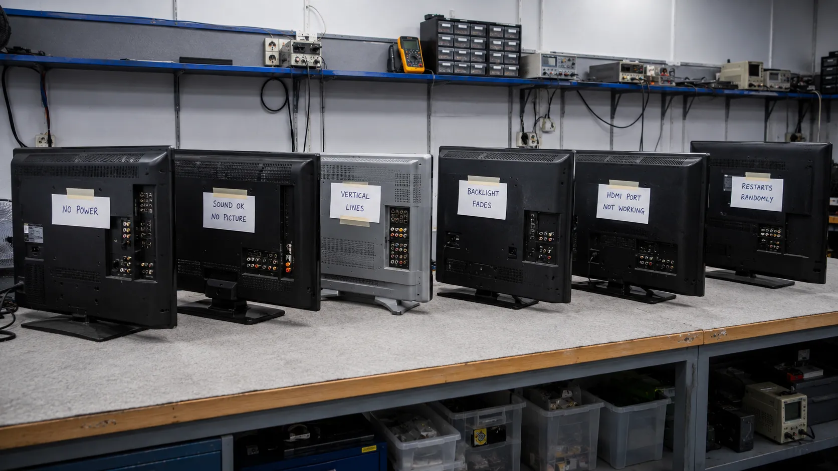 Six brand TVs lined up on a bench, each tagged with its fault for repair.