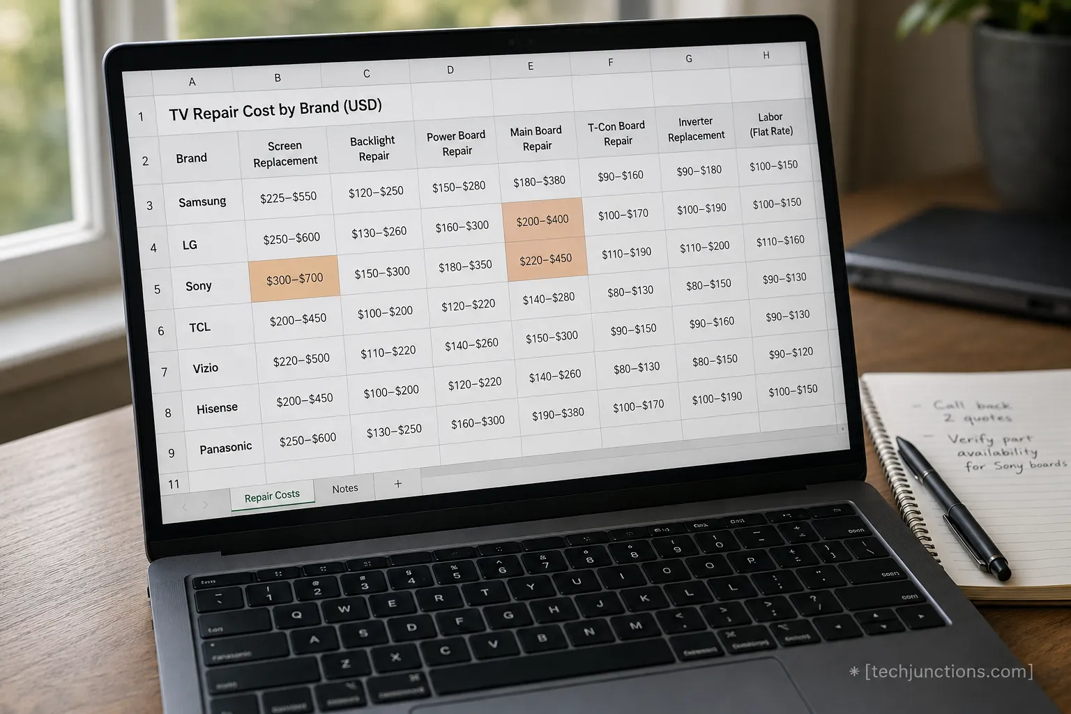 Author’s cross-brand TV repair quote tracker comparing seven brands by repair type.