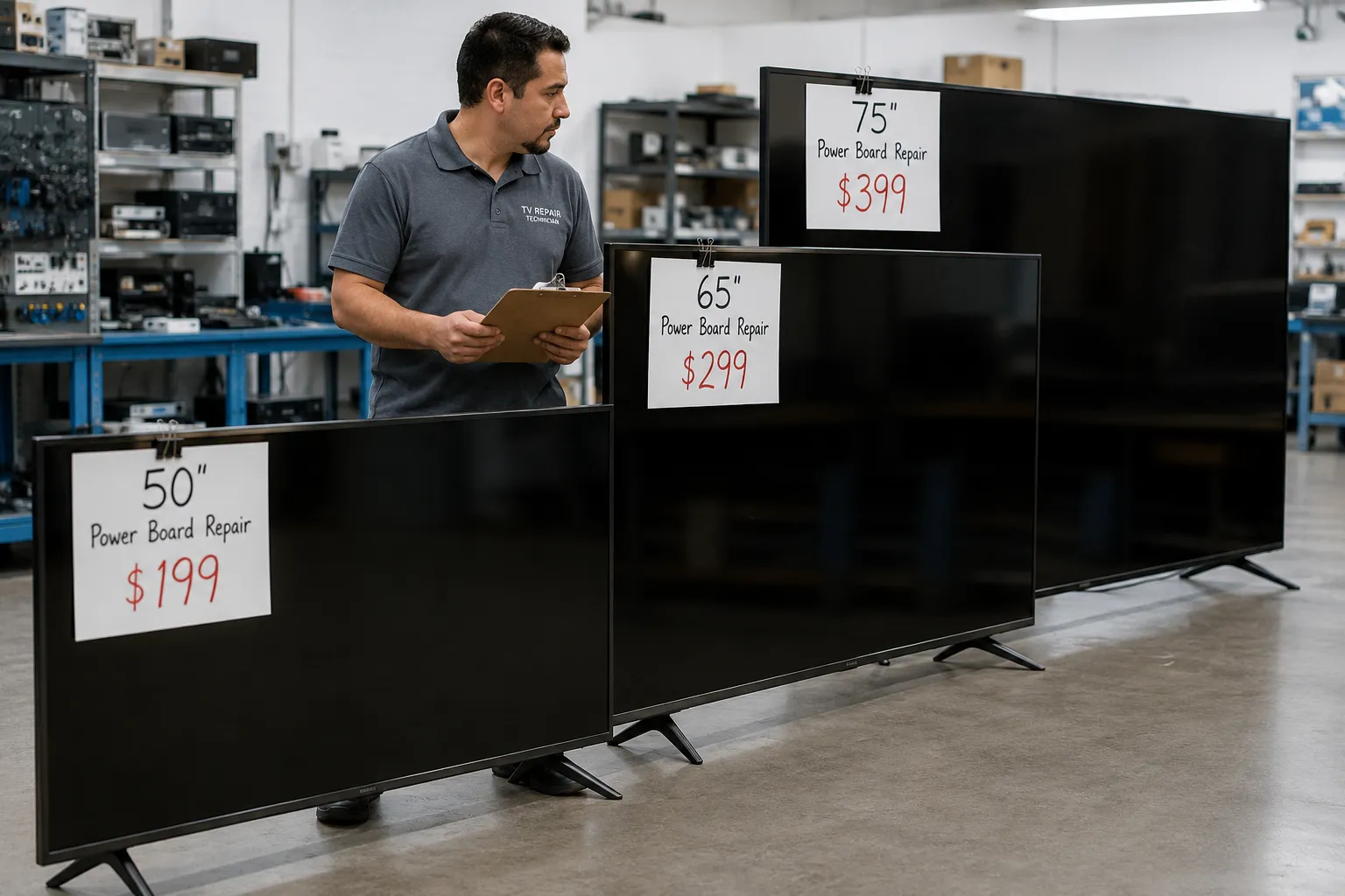 Three different-sized TVs compared for the same repair, showing how screen size raises the cost.