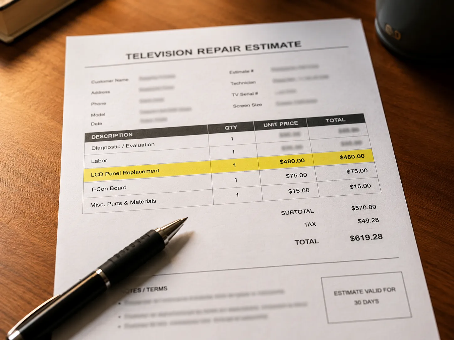 Television repair estimate highlighting LCD panel replacement cost on a printed quote with a pen on a wooden desk, illustrating when repairing a cracked TV costs more than buying a new one.