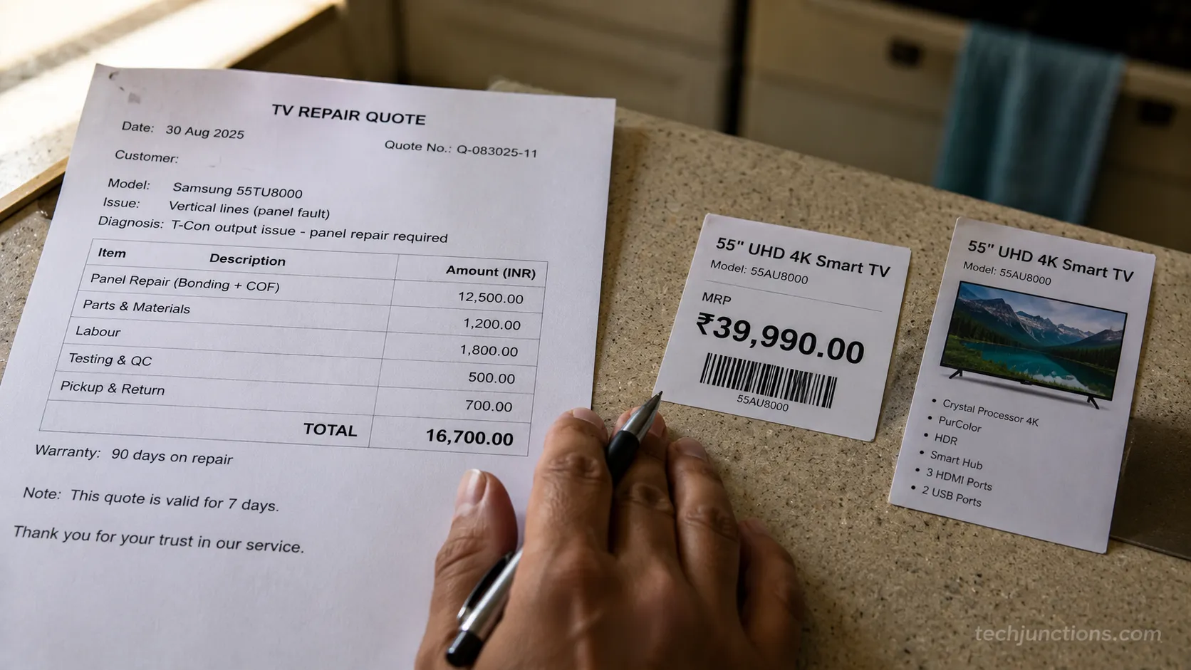 A TV repair quote laid beside the price of a comparable new television