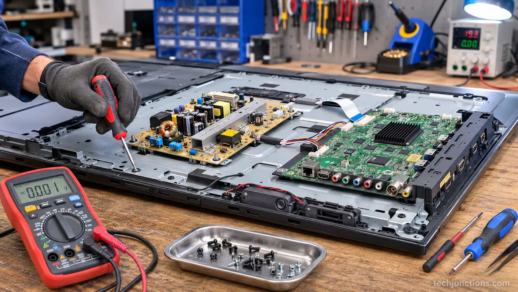 Technician's workbench with a flat-screen TV opened for diagnosis.