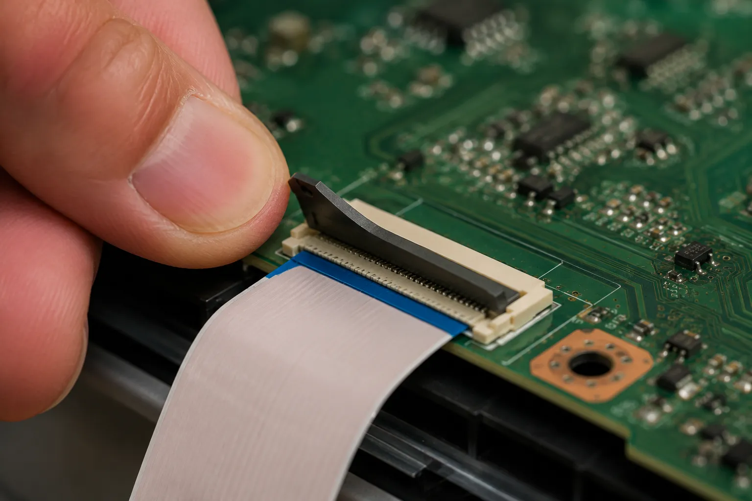 Macro close-up of a thumb lifting the lock tab on a TV ribbon cable connector to release the flat flexible cable (FFC) during T-CON or main board repair.