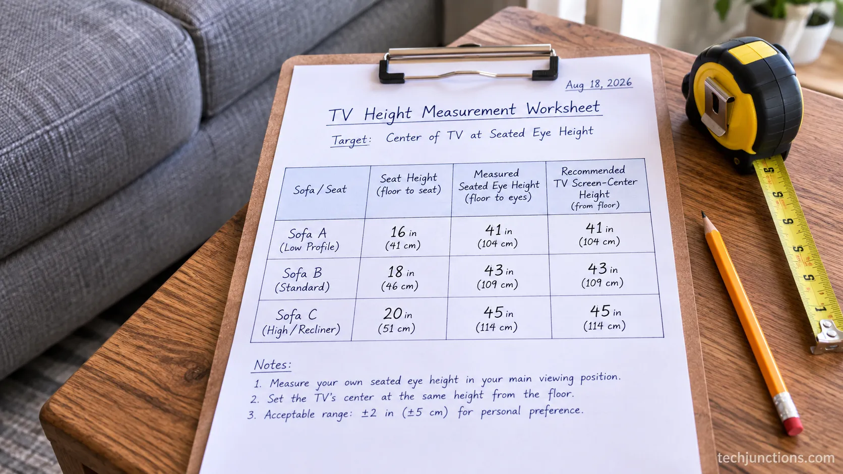Worksheet showing seated eye height and correct TV center height for three sofas.