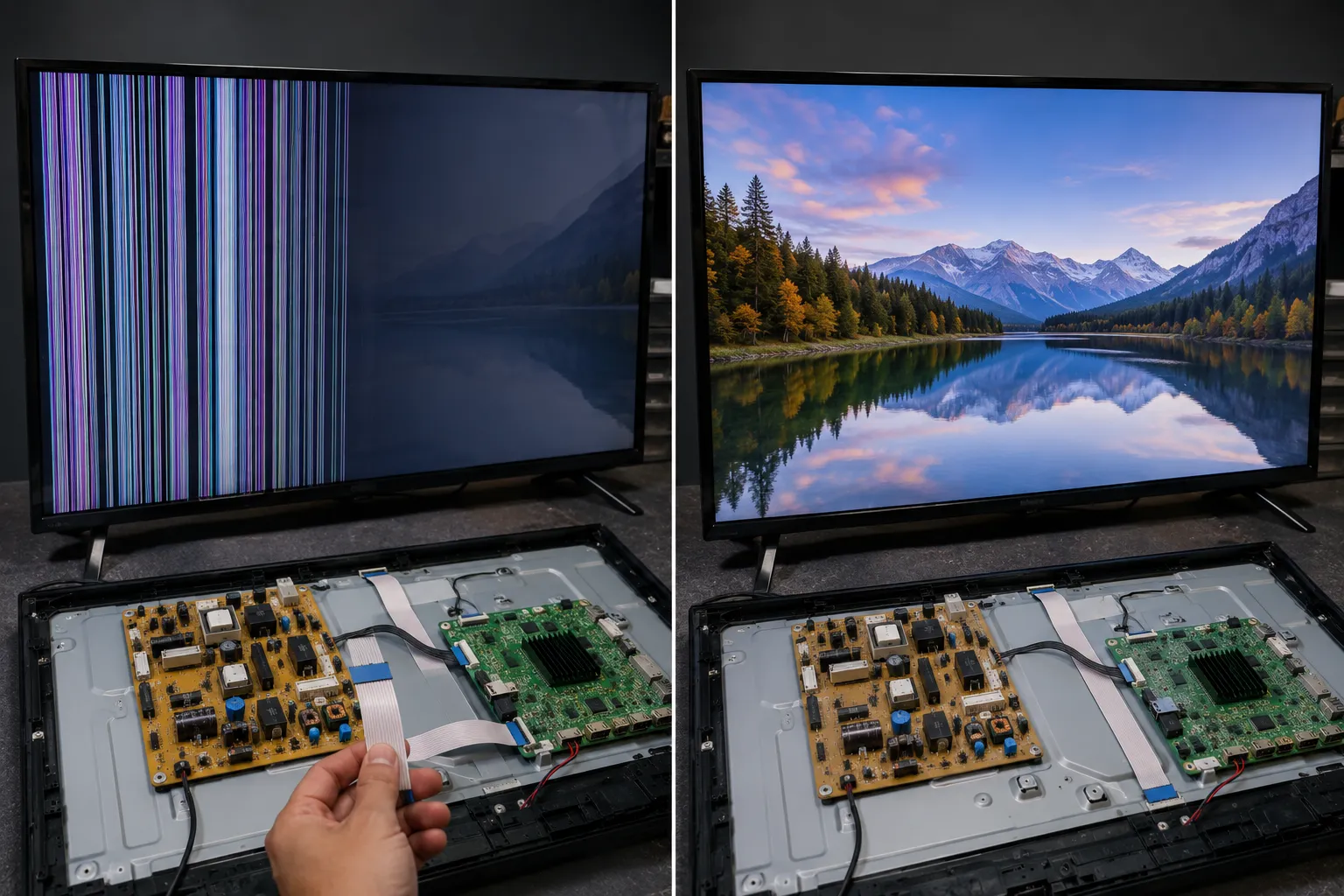 Before-and-after TV screen repair showing vertical lines disappearing after reseating the T-CON ribbon cable, restoring a clear display on the flat-screen TV.