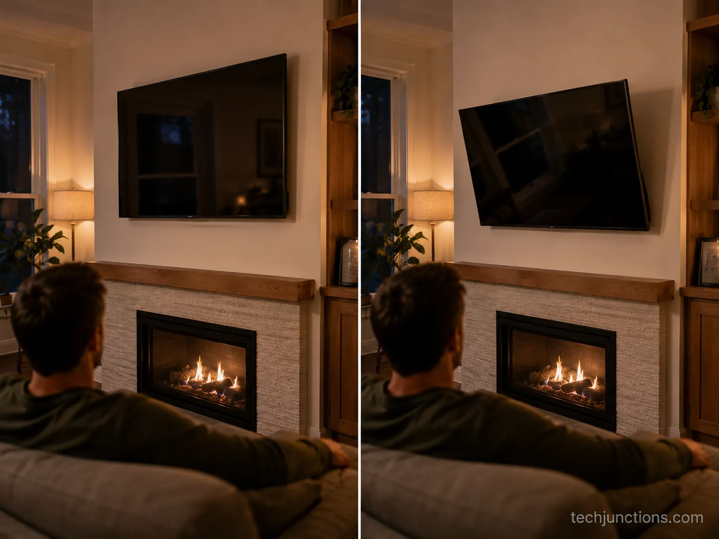 TV screen flat versus tilted downward above a fireplace