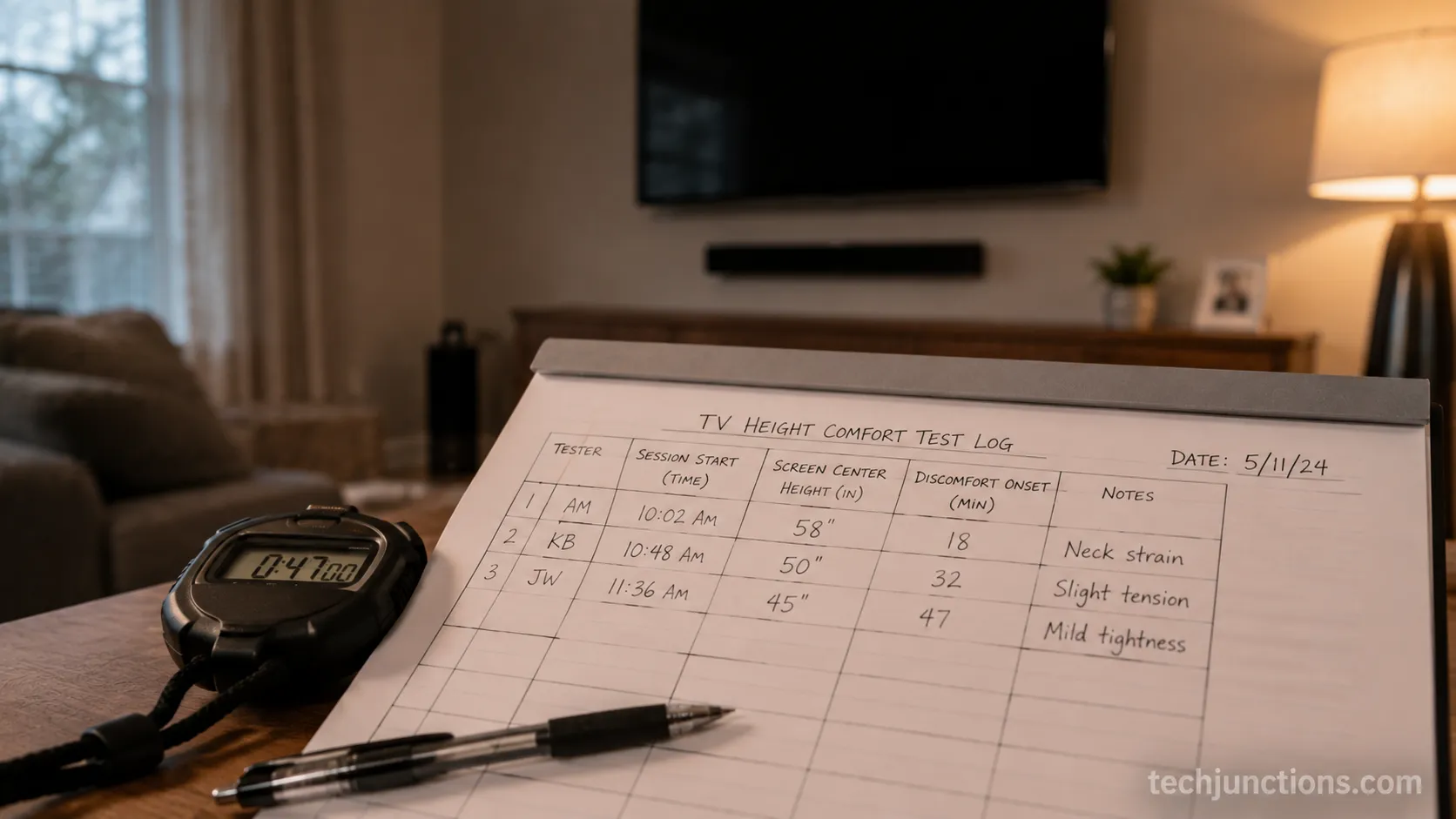 Test log recording when neck discomfort began at different TV mounting heights.