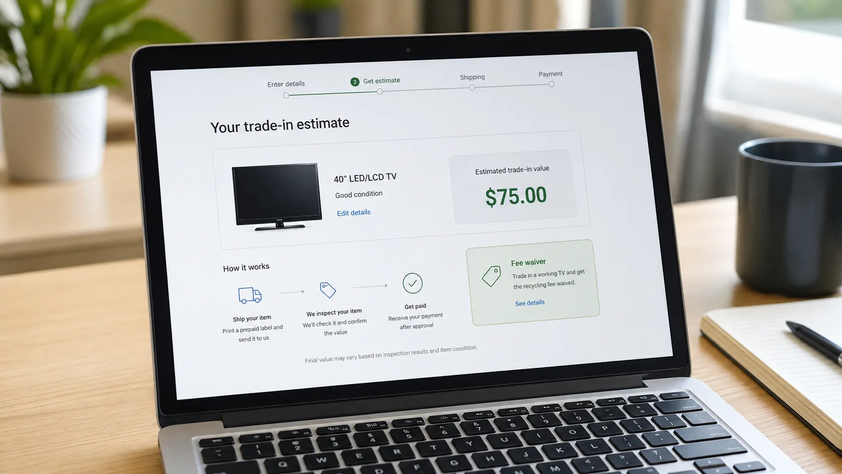 Laptop displaying a TV trade-in value estimate with a recycling fee waiver notice, showing how a working television may qualify for trade-in and lower disposal costs.