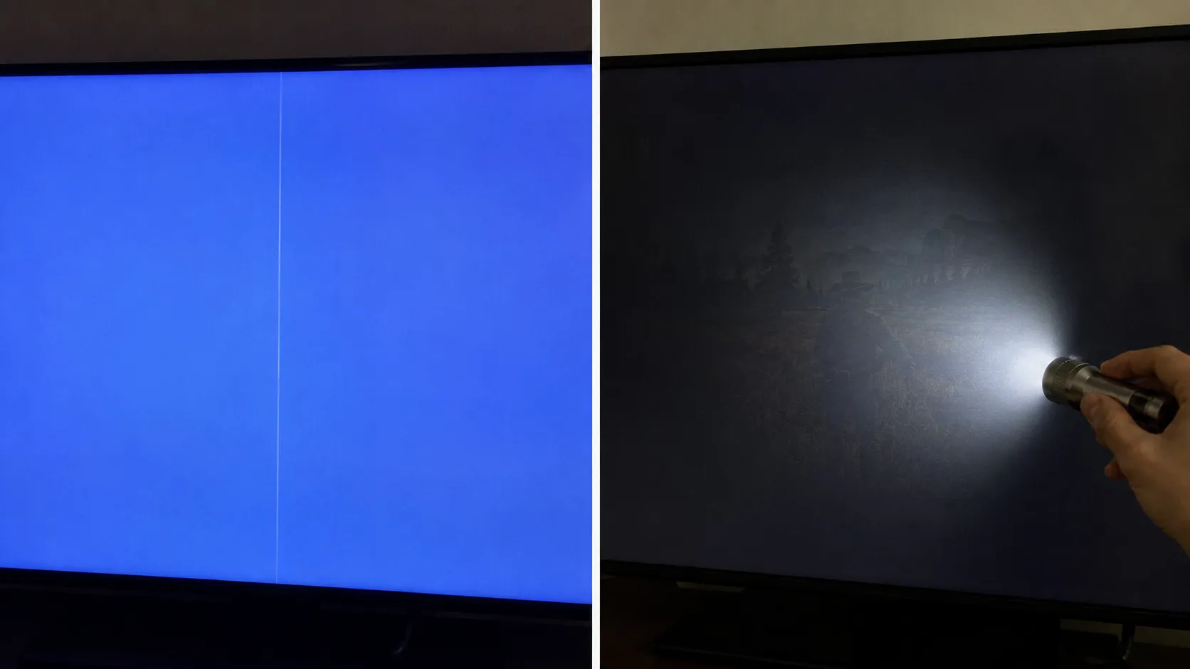 Two-panel TV diagnostic photo showing a faint vertical line on a blue screen and a flashlight revealing a ghost image on a dark screen, indicating a failed TV backlight.
