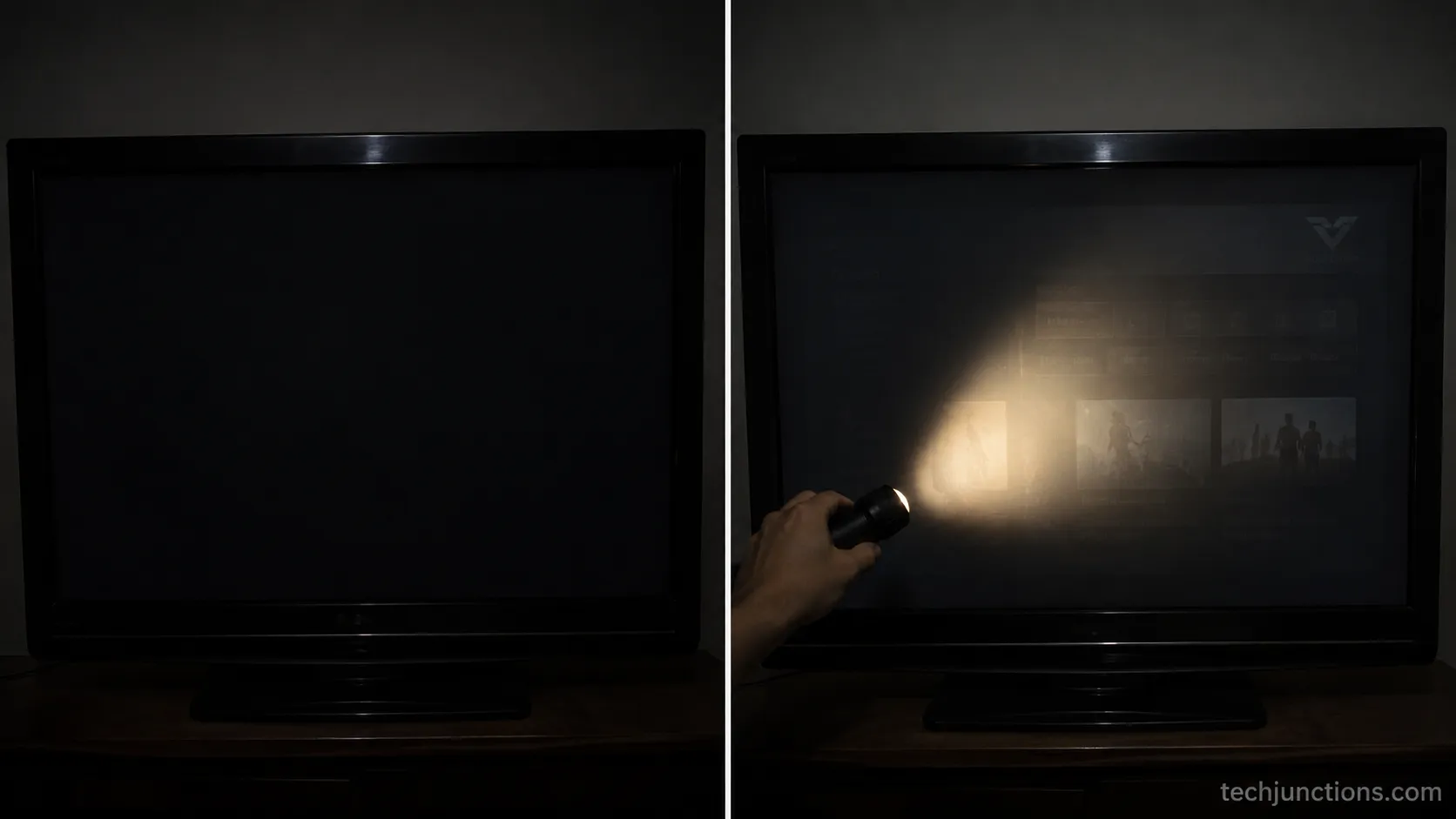 Flashlight test revealing a faint image behind a dark Vizio TV screen