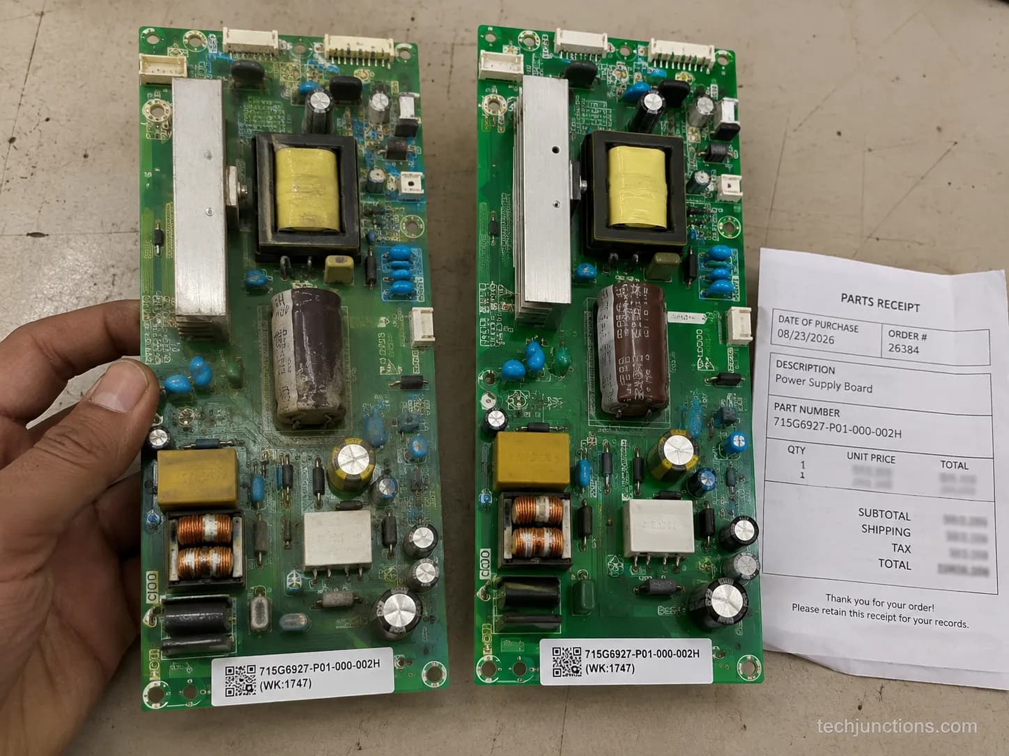 Replaced Vizio power supply board next to the failed original with a receipt