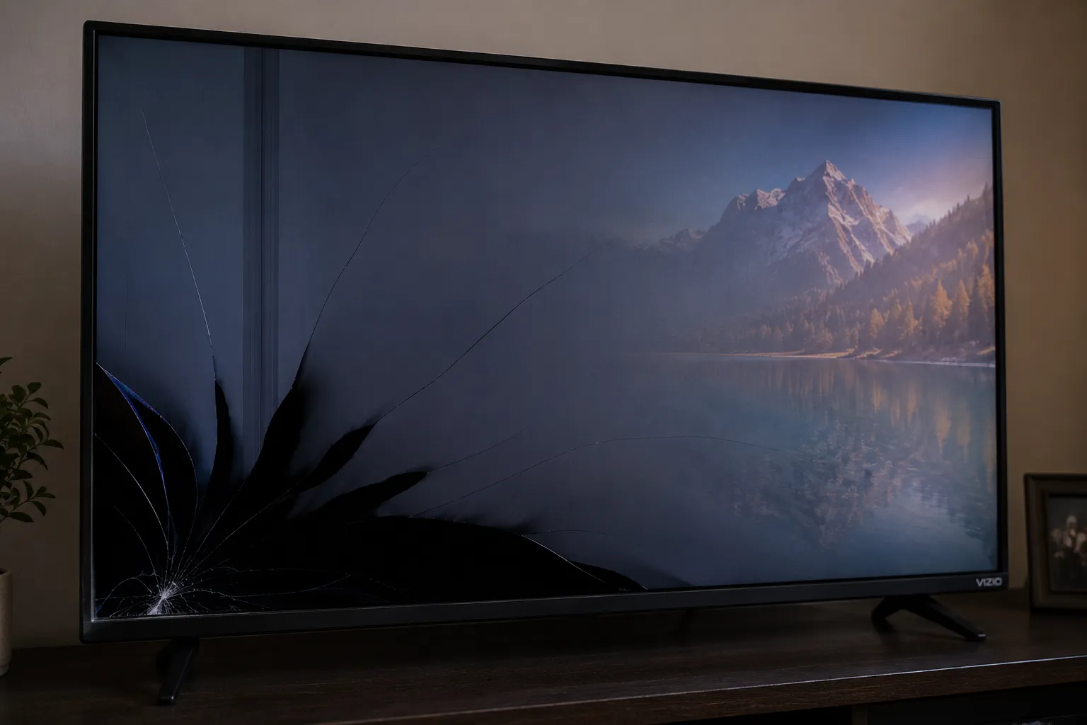 Powered-on Vizio TV with a cracked screen, black ink-like blotch spreading from the lower-left impact point, and visible fracture lines indicating an irreparable LCD panel.