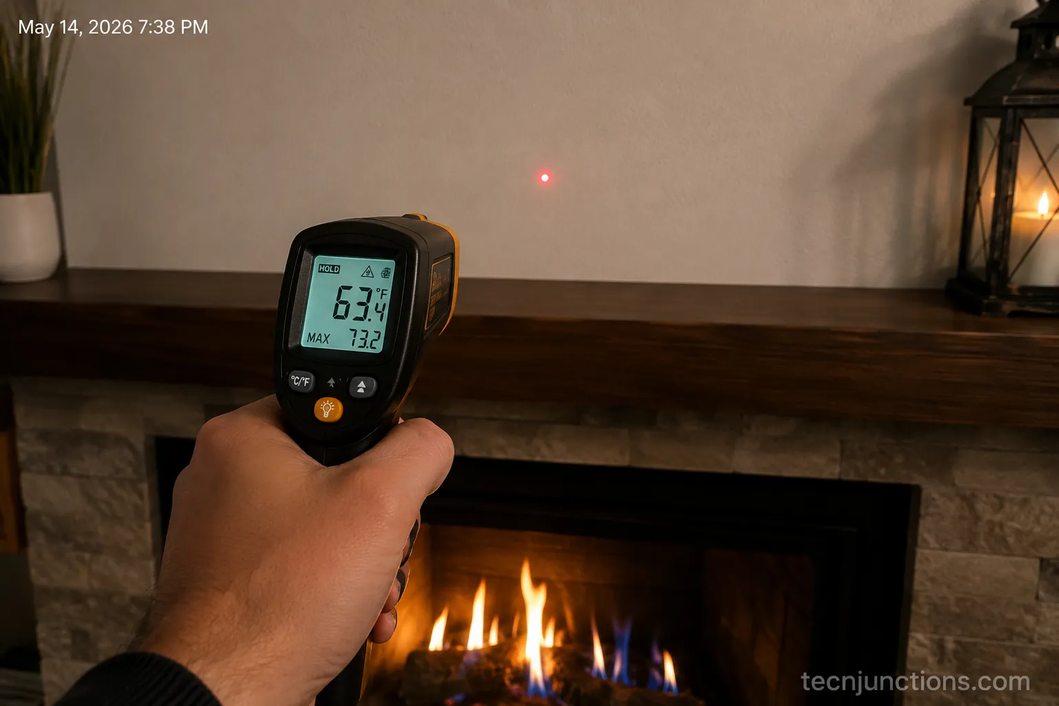 Infrared thermometer reading the wall above a fireplace mantel during a fire.
