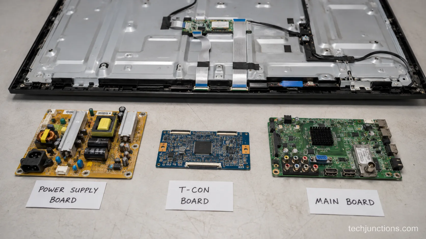 Labeled TV power, T-Con, and main boards beside an opened television on a repair bench.