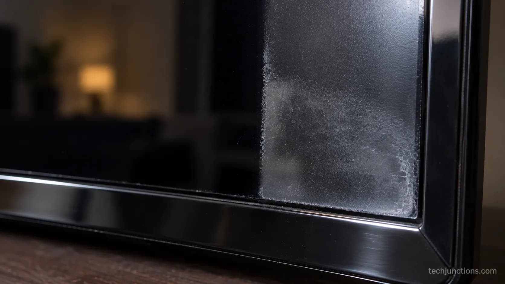 close-up of an LG TV screen coating dulled by ammonia glass cleaner