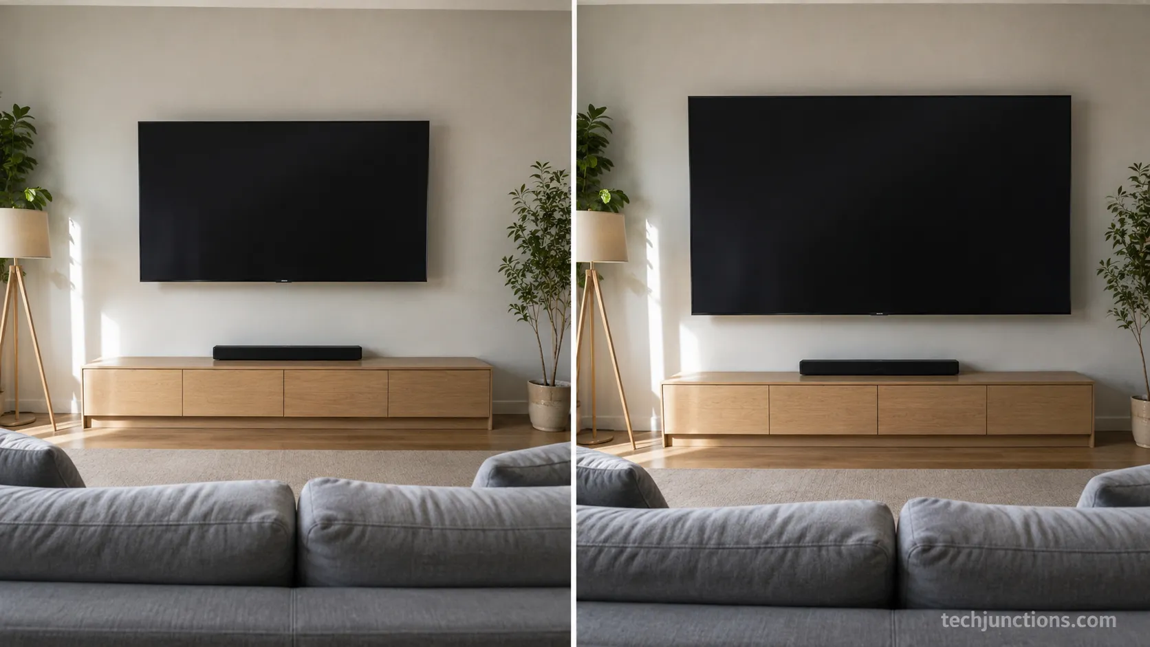 A 65 inch and 75 inch TV on the same wall seen from a ten foot seat.