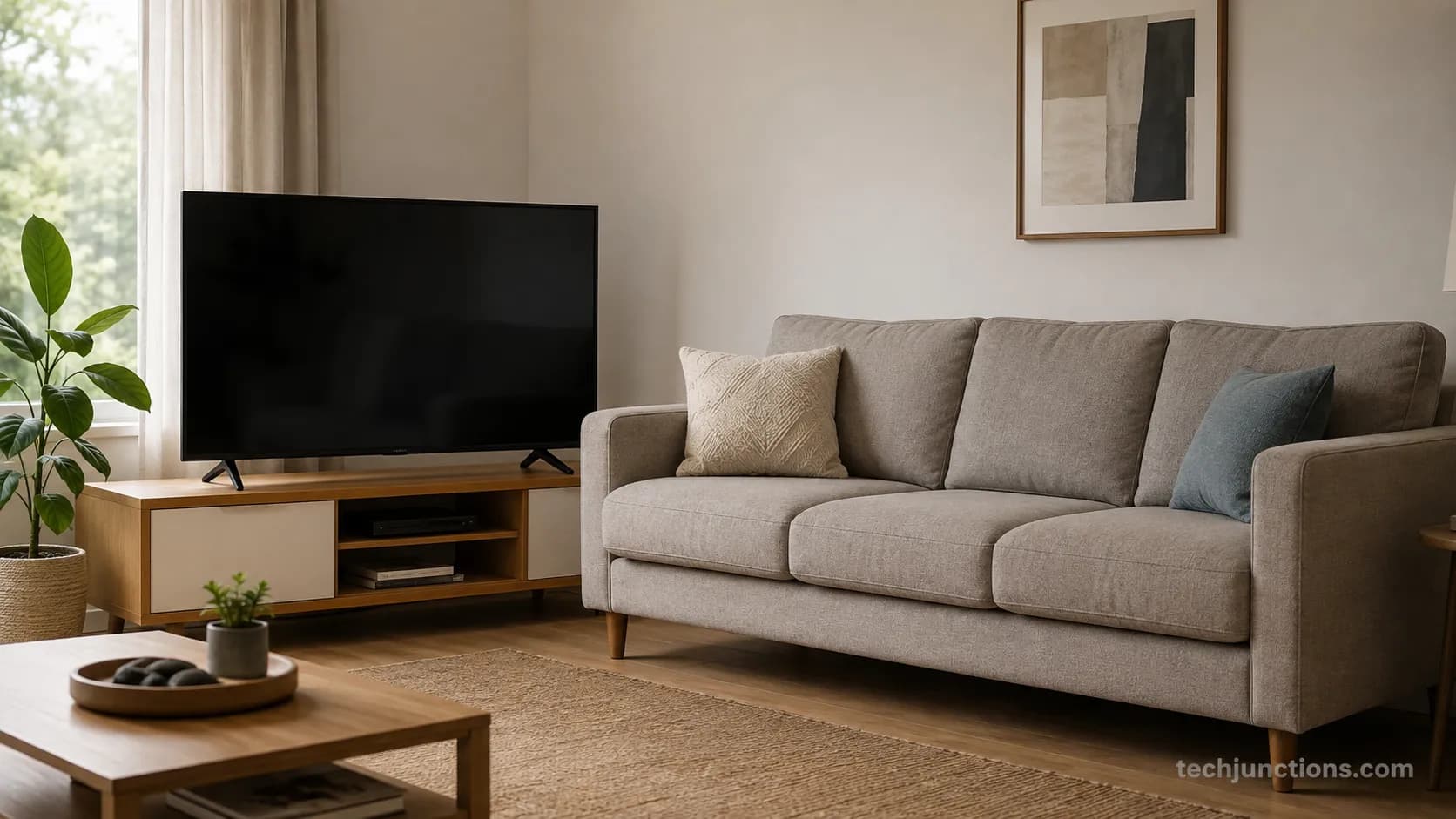 A 50-inch television shown next to a three-seat sofa for size comparison.
