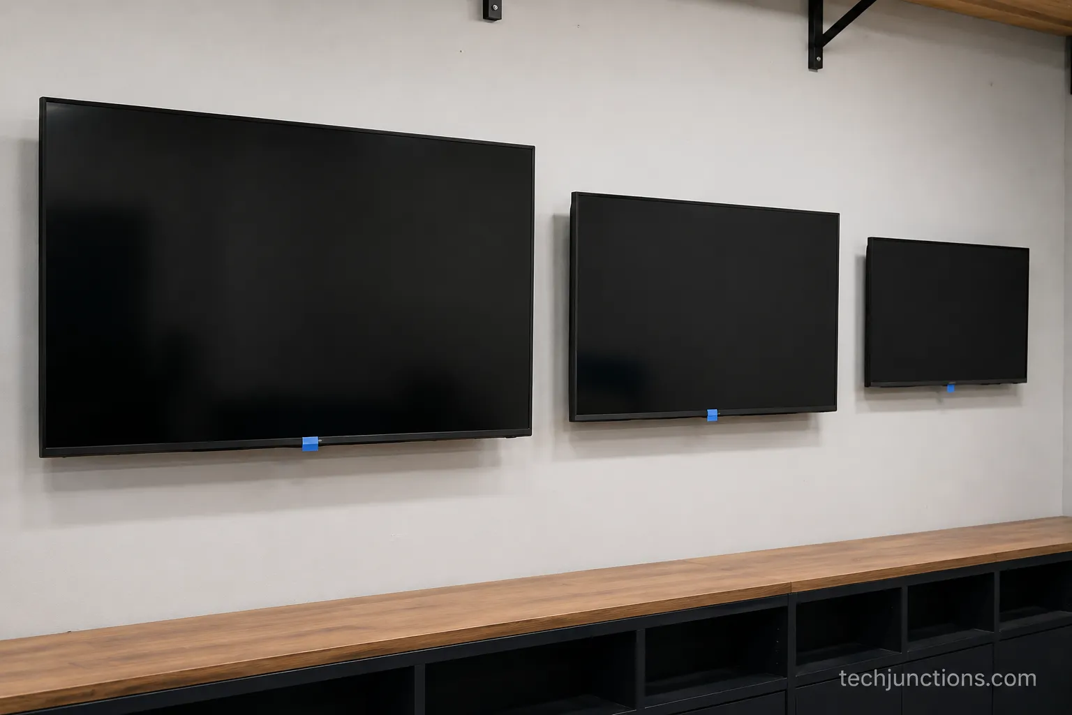55, 65 and 75 inch TVs mounted at the same center height showing different bottom-edge heights.