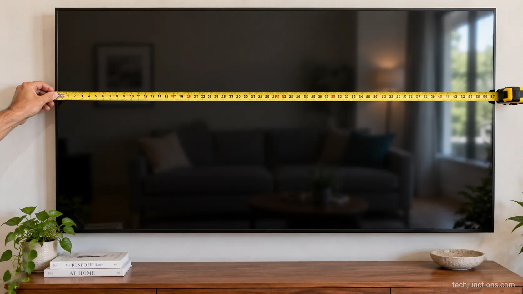 Tape measure showing the actual width of a 65-inch TV