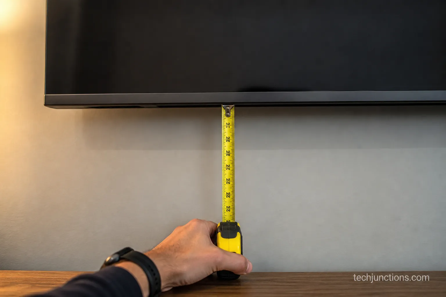 Tape measure showing a 65 inch TV mounted with its bottom edge 26 inches from the floor.