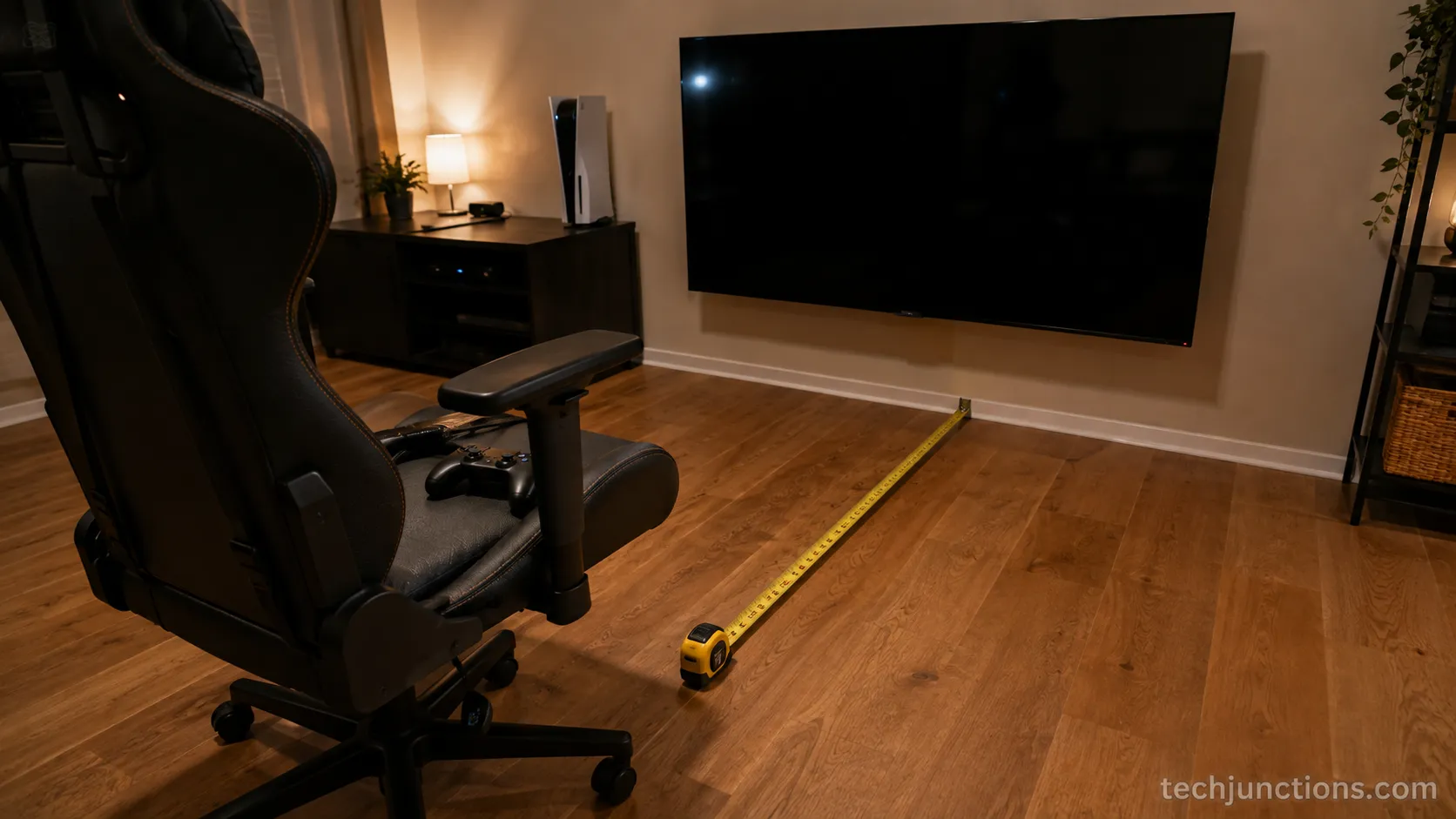 Gaming chair set about six feet from a 65 inch TV with a tape measure on the floor.