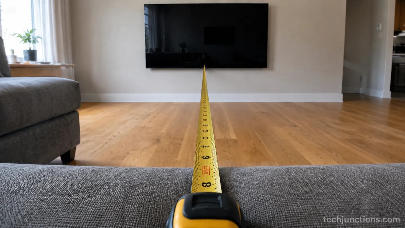 Measuring about seven feet from a sofa to a 65 inch TV screen center.