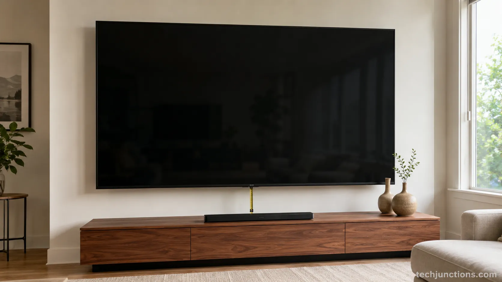 85-inch TV mounted low with clearance above a console
