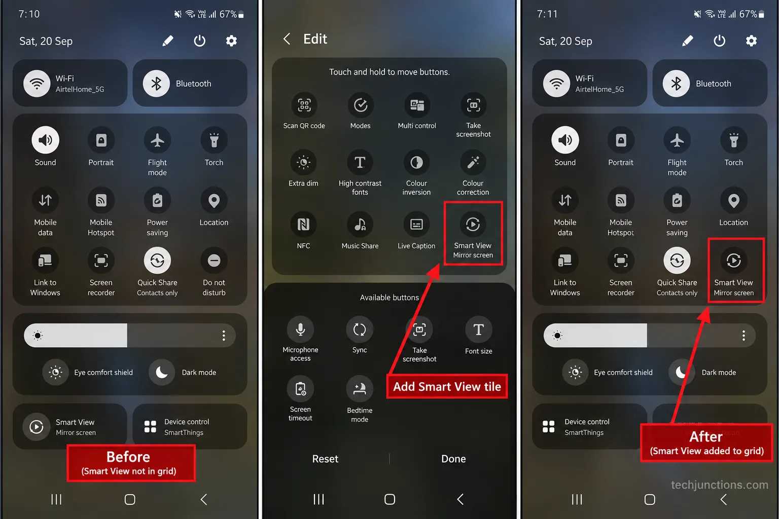 Adding the Smart View tile to the Samsung Quick settings panel.