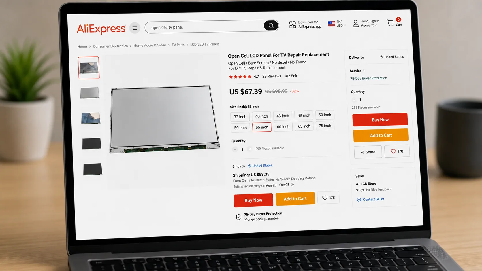 Laptop displaying an AliExpress listing for an open-cell TV LCD replacement panel with multiple screen size options, low price, and estimated international shipping time