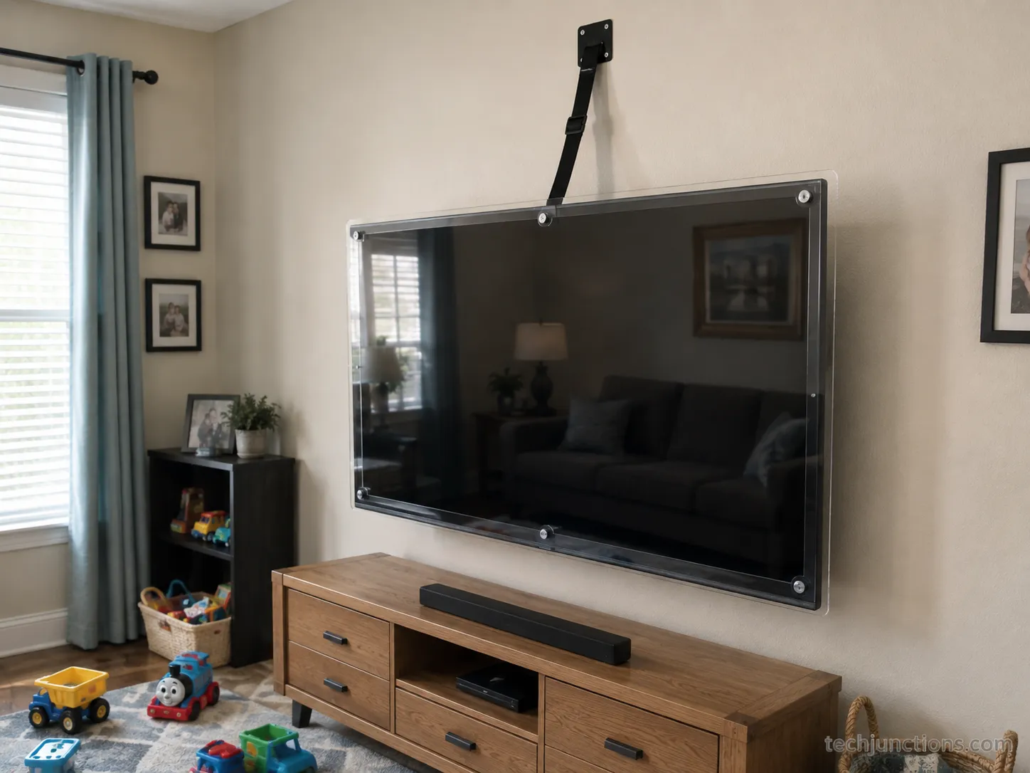 Wall-mounted TV secured with an anti-tip strap and a clear screen protector in a family living room.